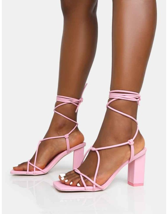 Noor Baby Pink Lace Up Square Toe Mid Block Heels