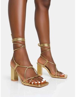 Noor Gold Lace Up Square Toe Mid Block Heels