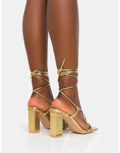 Noor Gold Lace Up Square Toe Mid Block Heels