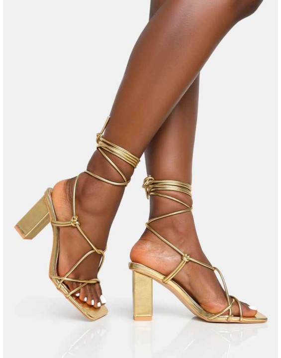 Noor Gold Lace Up Square Toe Mid Block Heels