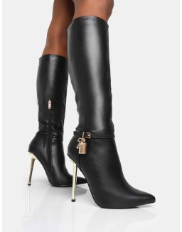 Jayden Black Pu Padlock Detail Pointed Toe Gold Stiletto Heel Knee High Boots