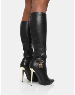 Jayden Black Pu Padlock Detail Pointed Toe Gold Stiletto Heel Knee High Boots