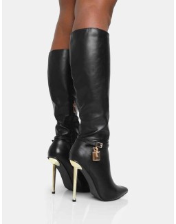Jayden Black Pu Padlock Detail Pointed Toe Gold Stiletto Heel Knee High Boots
