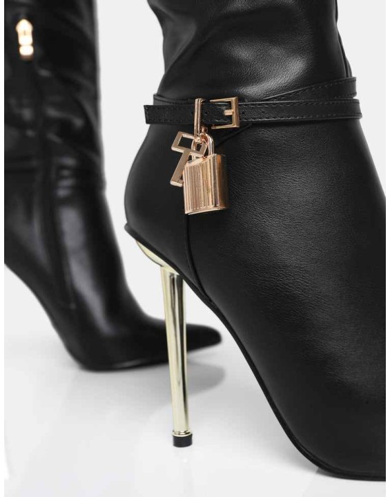 Jayden Black Pu Padlock Detail Pointed Toe Gold Stiletto Heel Knee High Boots