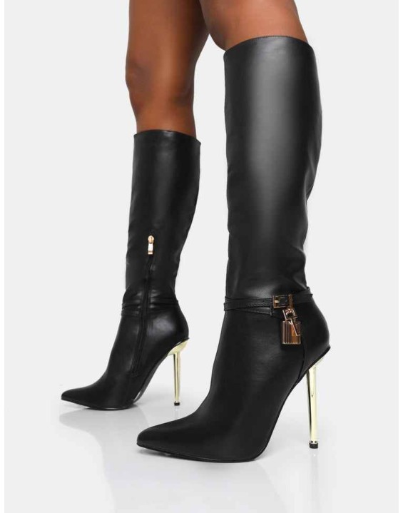 Jayden Black Pu Padlock Detail Pointed Toe Gold Stiletto Heel Knee High Boots