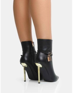 Jalan Black Pu Padlock Detail Pointed Toe Gold Stiletto Heel Ankle Boots