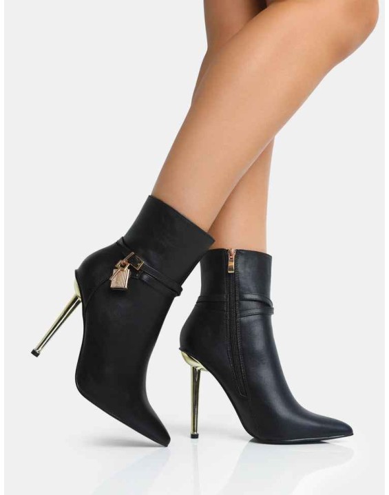Jalan Black Pu Padlock Detail Pointed Toe Gold Stiletto Heel Ankle Boots