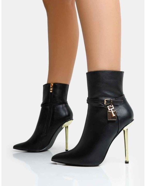 Jalan Black Pu Padlock Detail Pointed Toe Gold Stiletto Heel Ankle Boots