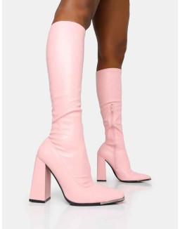 Caryn Baby Pink Pu Knee High Block Heeled Boots