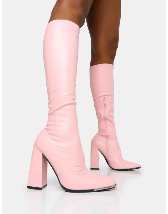 Caryn Baby Pink Pu Knee High Block Heeled Boots