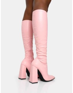 Caryn Baby Pink Pu Knee High Block Heeled Boots