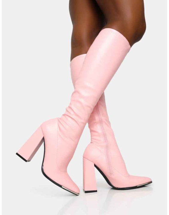 Caryn Baby Pink Pu Knee High Block Heeled Boots
