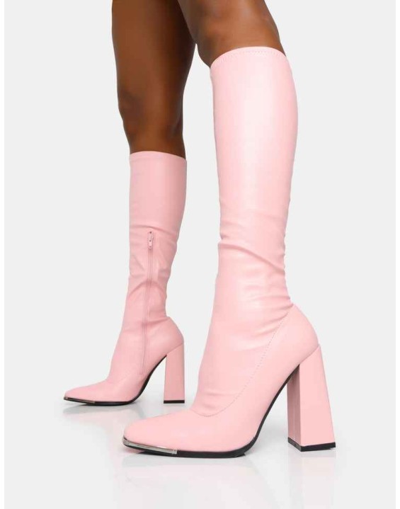 Caryn Baby Pink Pu Knee High Block Heeled Boots