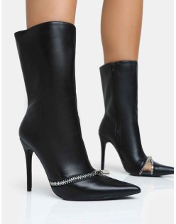 Pitstop Black Pu Zip Detail Pointed Toe Stiletto Heel Ankle Boots