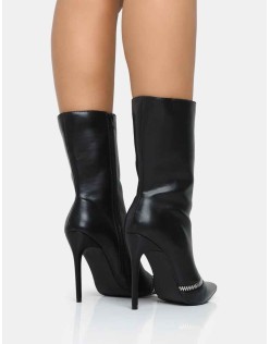 Pitstop Black Pu Zip Detail Pointed Toe Stiletto Heel Ankle Boots