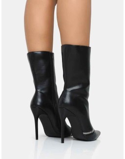 Pitstop Black Pu Zip Detail Pointed Toe Stiletto Heel Ankle Boots