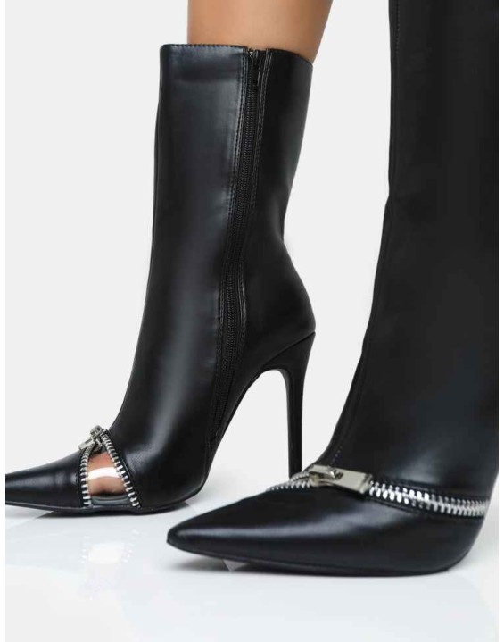 Pitstop Black Pu Zip Detail Pointed Toe Stiletto Heel Ankle Boots