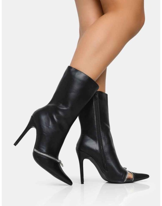 Pitstop Black Pu Zip Detail Pointed Toe Stiletto Heel Ankle Boots