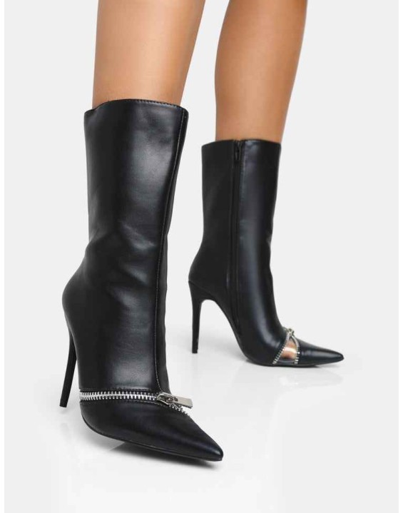 Pitstop Black Pu Zip Detail Pointed Toe Stiletto Heel Ankle Boots