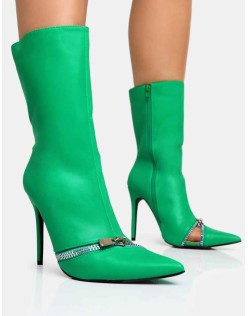 Pitstop Green Pu Zip Detail Pointed Toe Stiletto Heel Ankle Boots