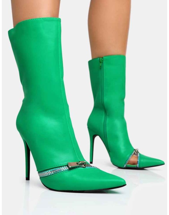 Pitstop Green Pu Zip Detail Pointed Toe Stiletto Heel Ankle Boots