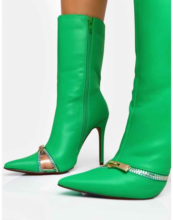 Pitstop Green Pu Zip Detail Pointed Toe Stiletto Heel Ankle Boots