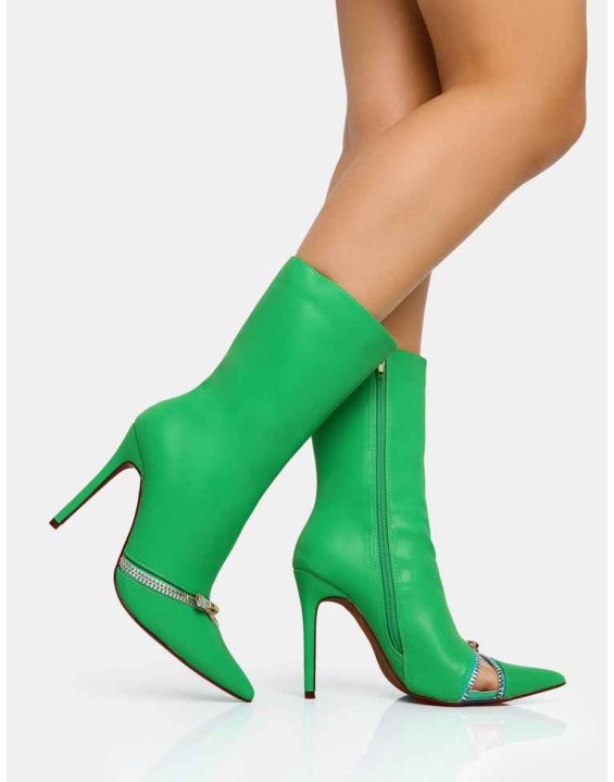 Pitstop Green Pu Zip Detail Pointed Toe Stiletto Heel Ankle Boots