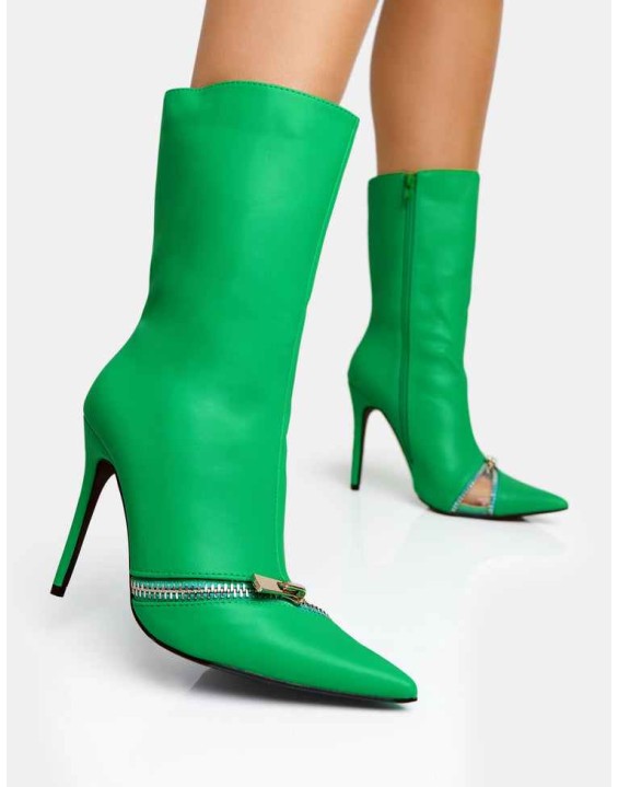 Pitstop Green Pu Zip Detail Pointed Toe Stiletto Heel Ankle Boots