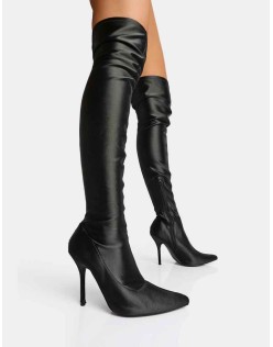 INSTINCT BLACK LYCRA POINTED TOE STILETTO THIGH HIGH BOOTS