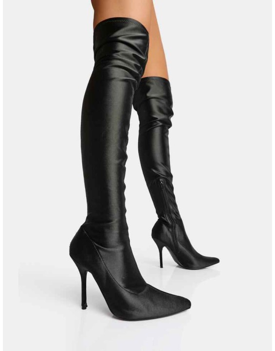 INSTINCT BLACK LYCRA POINTED TOE STILETTO THIGH HIGH BOOTS