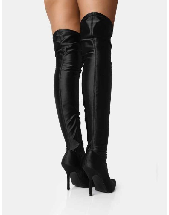 INSTINCT BLACK LYCRA POINTED TOE STILETTO THIGH HIGH BOOTS