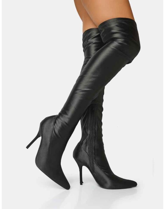 INSTINCT BLACK LYCRA POINTED TOE STILETTO THIGH HIGH BOOTS