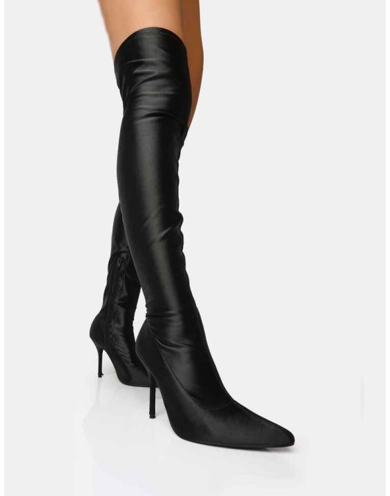 INSTINCT BLACK LYCRA POINTED TOE STILETTO THIGH HIGH BOOTS