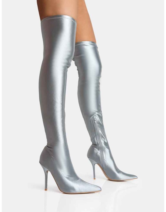 INSTINCT SILVER LYCRA POINTED TOE STILETTO THIGH HIGH BOOTS