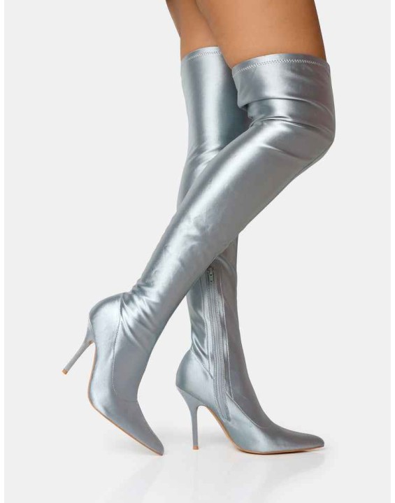 INSTINCT SILVER LYCRA POINTED TOE STILETTO THIGH HIGH BOOTS