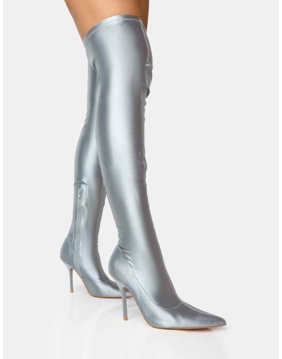 INSTINCT SILVER LYCRA POINTED TOE STILETTO THIGH HIGH BOOTS