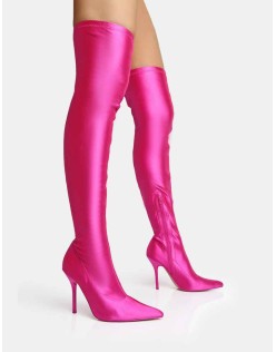INSTINCT PINK LYCRA POINTED TOE STILETTO THIGH HIGH BOOTS