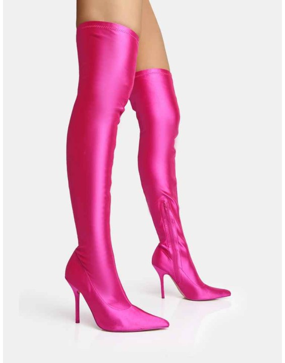 INSTINCT PINK LYCRA POINTED TOE STILETTO THIGH HIGH BOOTS