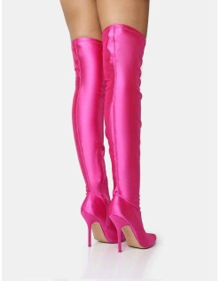 INSTINCT PINK LYCRA POINTED TOE STILETTO THIGH HIGH BOOTS