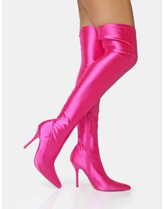 INSTINCT PINK LYCRA POINTED TOE STILETTO THIGH HIGH BOOTS