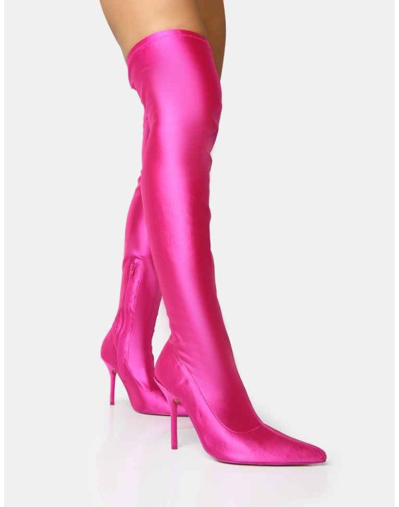 INSTINCT PINK LYCRA POINTED TOE STILETTO THIGH HIGH BOOTS