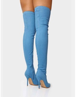 Jodie Blue Denim Seam Detail Pointed Toe Stiletto Thigh High Boots