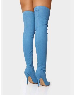 Jodie Blue Denim Seam Detail Pointed Toe Stiletto Thigh High Boots