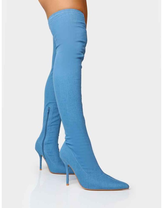 Jodie Blue Denim Seam Detail Pointed Toe Stiletto Thigh High Boots