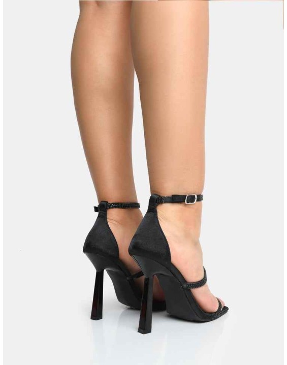 Niko Black Satin Diamante Barely There Square Toe Stiletto Heels