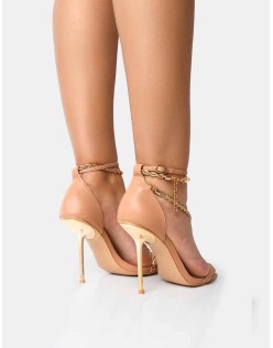 Loyal Nude PU Chain Detail Square Toe Gold Stiletto Heels
