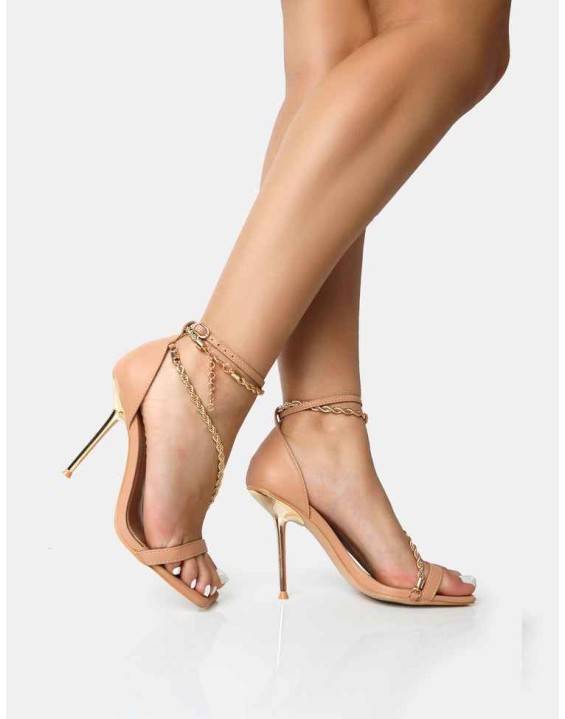Loyal Nude PU Chain Detail Square Toe Gold Stiletto Heels