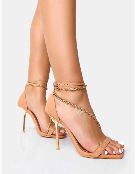 Loyal Nude PU Chain Detail Square Toe Gold Stiletto Heels
