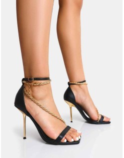 Loyal Black PU Chain Detail Square Toe Gold Stiletto Heels