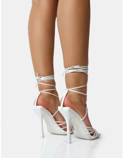 Aspen White Knot Strap Lace Up Square Toe Stiletto Heels